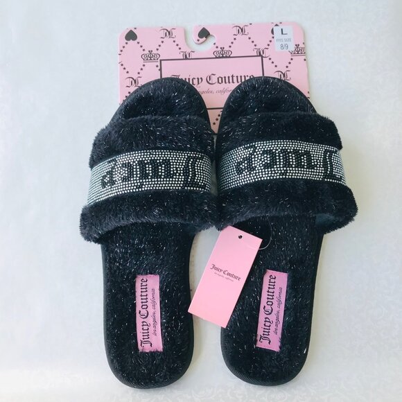 Juicy Couture JC GRAVITY 2 Faux Fur Slippers Black / Silver Size : L - Picture 1 of 5